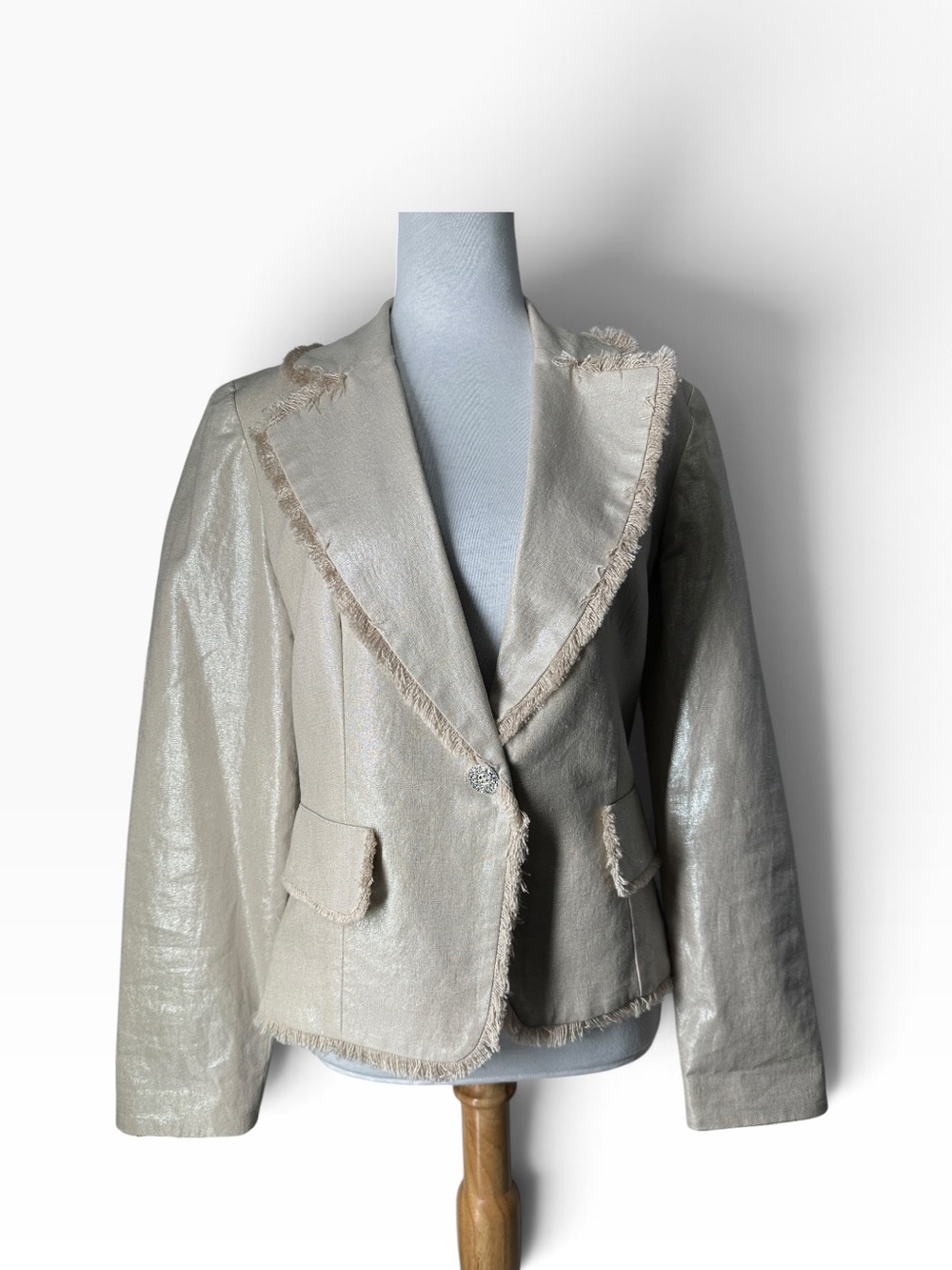 Joseph Ribkoff linen blazer vintage sheen fringe edging rhinestone button sz 8